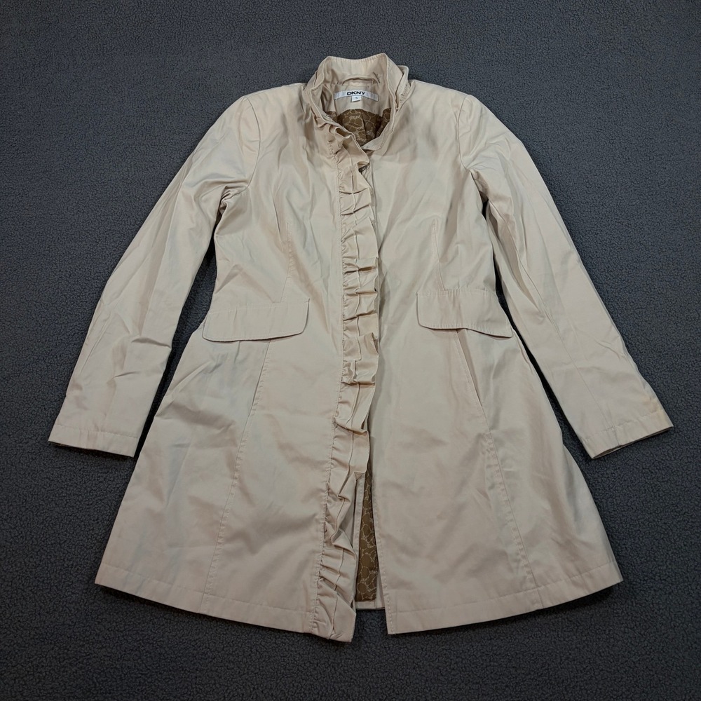 DKNY Trench Coat Womens Small Beige Ruffle Trim Button Front Cotton Blend 06557